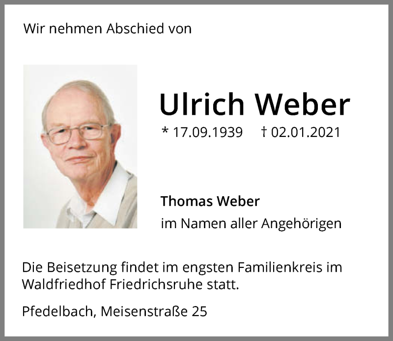  Traueranzeige für Ulrich Weber vom 09.01.2021 aus GESAMT