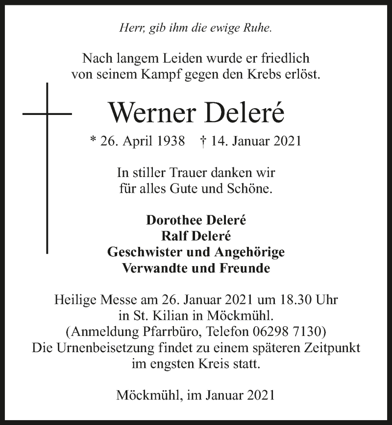  Traueranzeige für Werner Deleré vom 23.01.2021 aus GESAMT