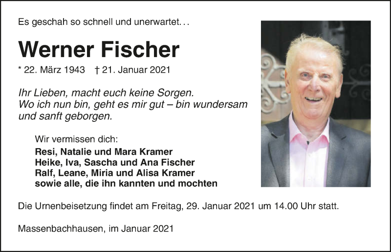  Traueranzeige für Werner Fischer vom 23.01.2021 aus GESAMT