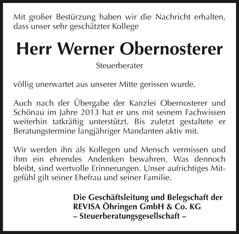  Traueranzeige für Werner Obernosterer vom 30.01.2021 aus GESAMT