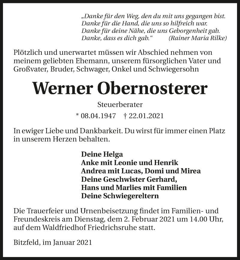  Traueranzeige für Werner Obernosterer vom 30.01.2021 aus GESAMT