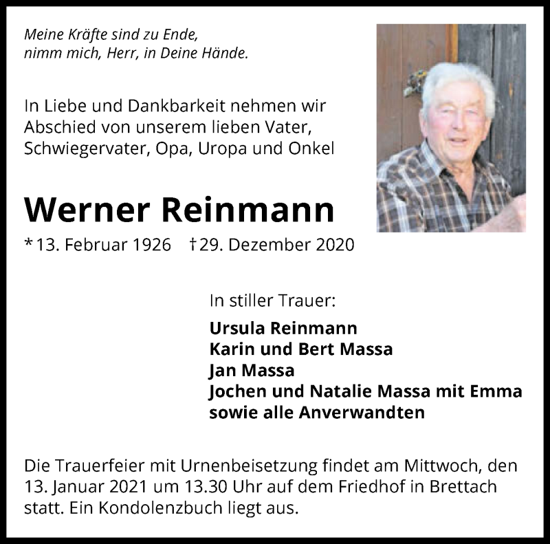  Traueranzeige für Werner Reinmann vom 09.01.2021 aus GESAMT