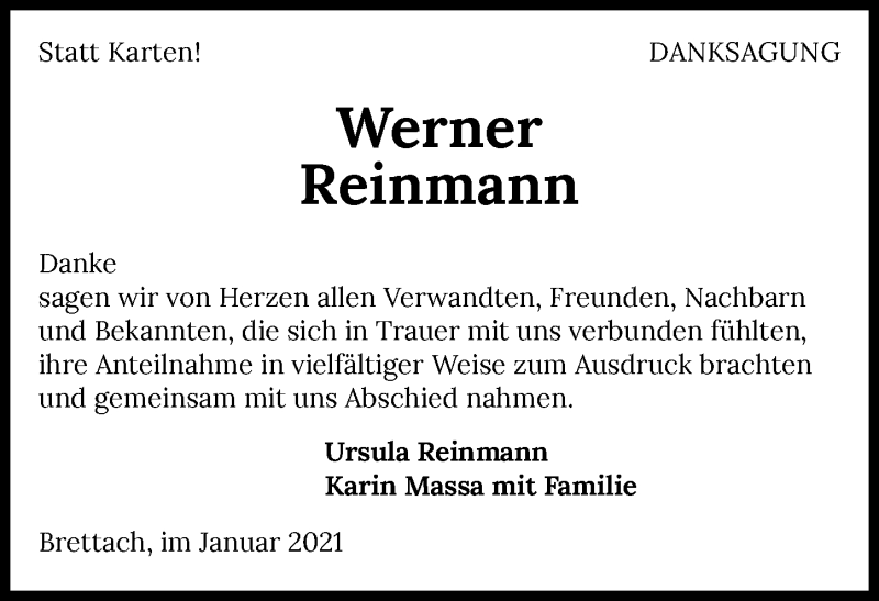  Traueranzeige für Werner Reinmann vom 27.01.2021 aus GESAMT