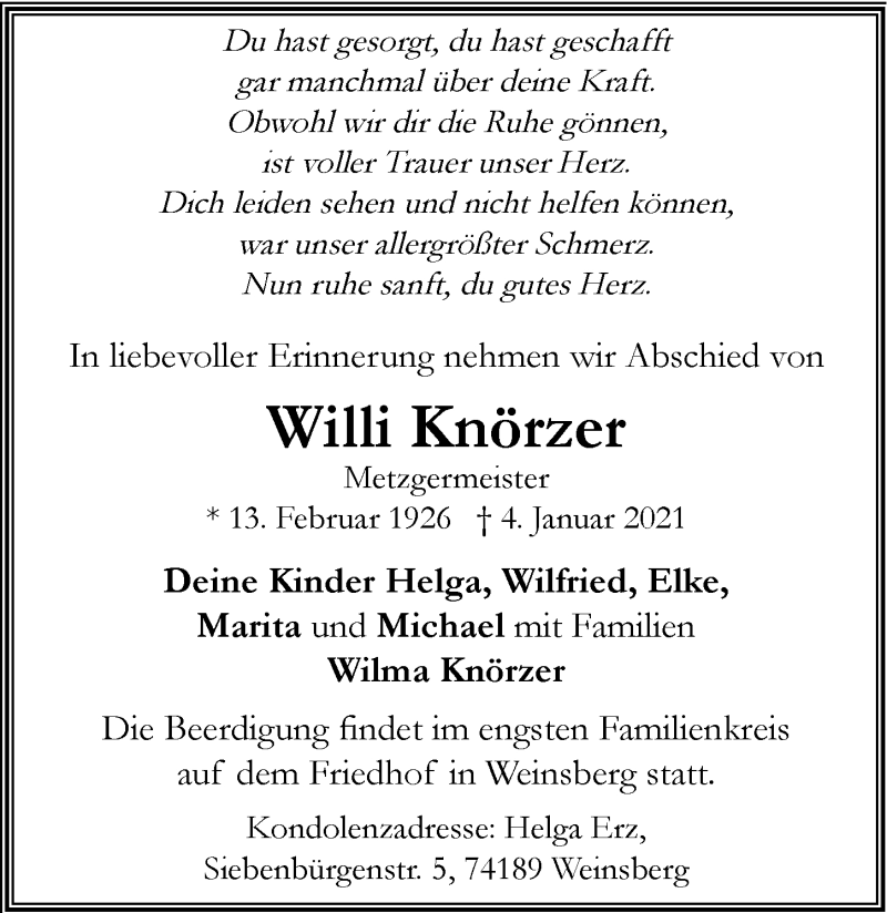  Traueranzeige für Willi Knörzer vom 09.01.2021 aus GESAMT