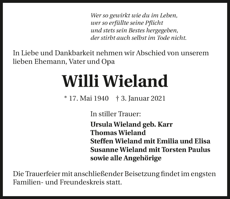  Traueranzeige für Willi Wieland vom 16.01.2021 aus GESAMT