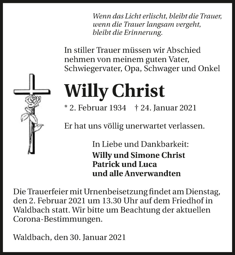  Traueranzeige für Willy Christ vom 30.01.2021 aus GESAMT