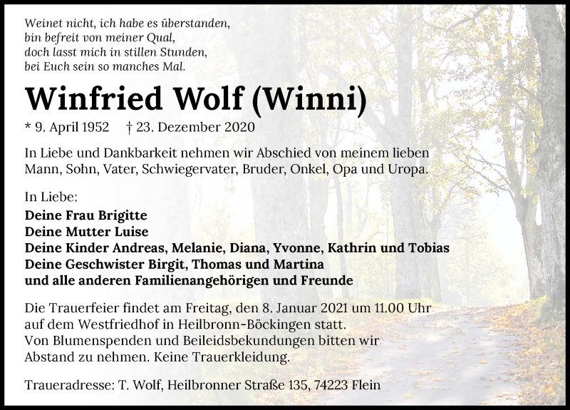  Traueranzeige für Winfried Wolf vom 02.01.2021 aus GESAMT