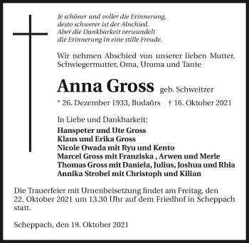 Traueranzeige von Anna Gross von GESAMT