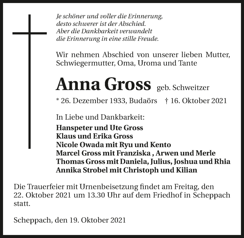  Traueranzeige für Anna Gross vom 19.10.2021 aus GESAMT