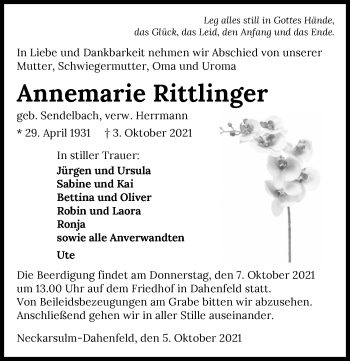 Traueranzeige von Annemarie Rittlinger von GESAMT