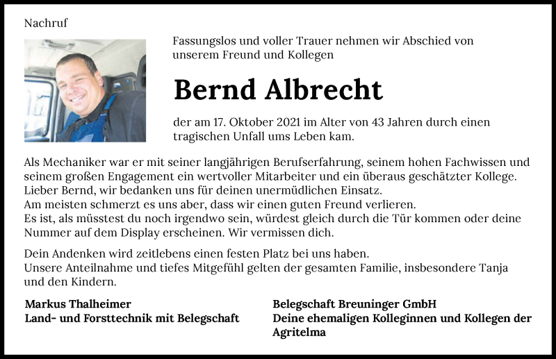  Traueranzeige für Bernd Albrecht vom 23.10.2021 aus GESAMT