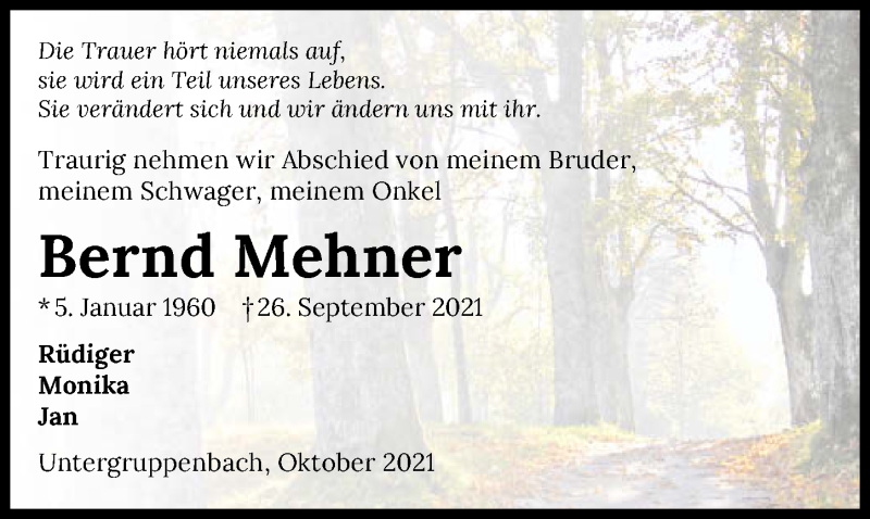  Traueranzeige für Bernd Mehner vom 05.10.2021 aus GESAMT