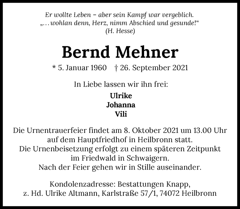  Traueranzeige für Bernd Mehner vom 02.10.2021 aus GESAMT