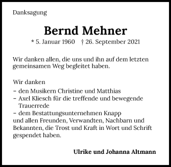 Traueranzeige von Bernd Mehner von GESAMT