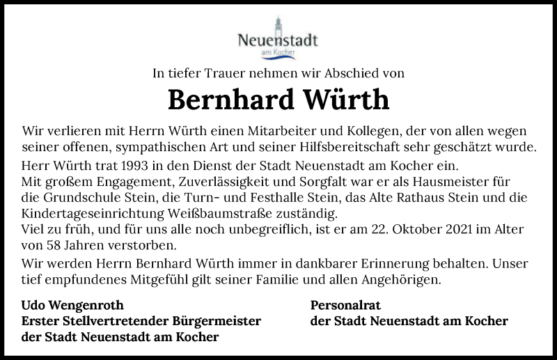  Traueranzeige für Bernhard Würth vom 29.10.2021 aus GESAMT