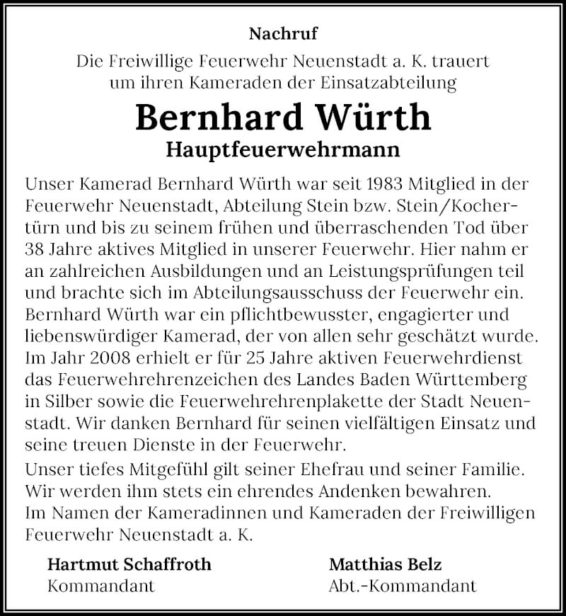  Traueranzeige für Bernhard Würth vom 30.10.2021 aus GESAMT