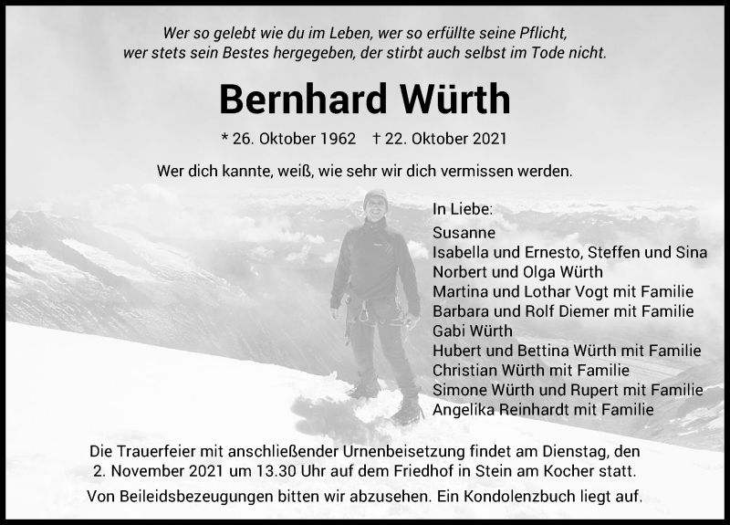  Traueranzeige für Bernhard Würth vom 29.10.2021 aus GESAMT