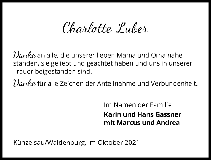  Traueranzeige für Charlotte Luber vom 06.10.2021 aus GESAMT