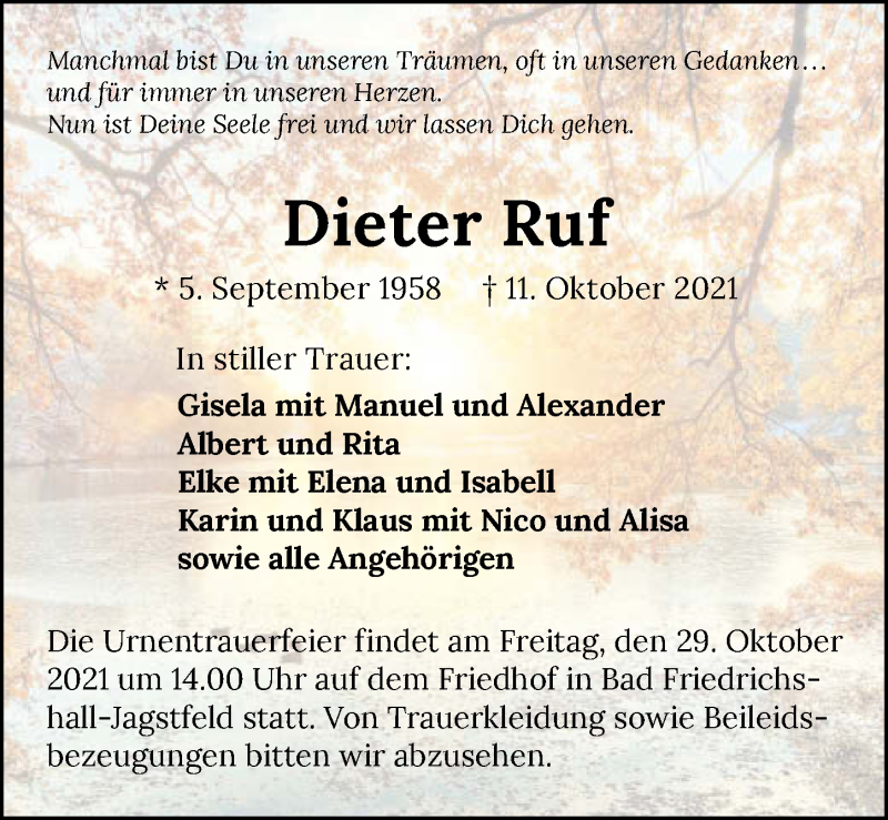  Traueranzeige für Dieter Ruf vom 23.10.2021 aus GESAMT