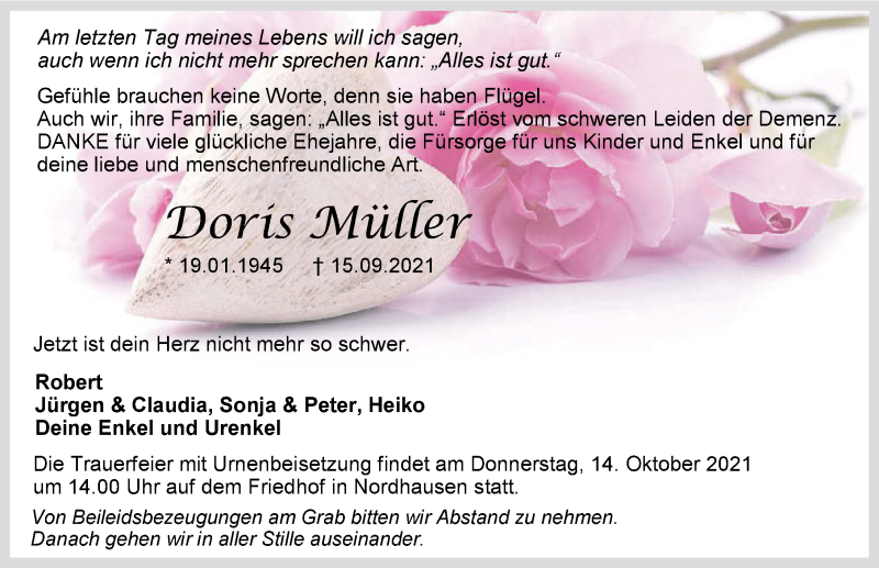  Traueranzeige für Doris Müller vom 09.10.2021 aus GESAMT