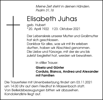 Traueranzeige von Elisabeth Juhas von GESAMT