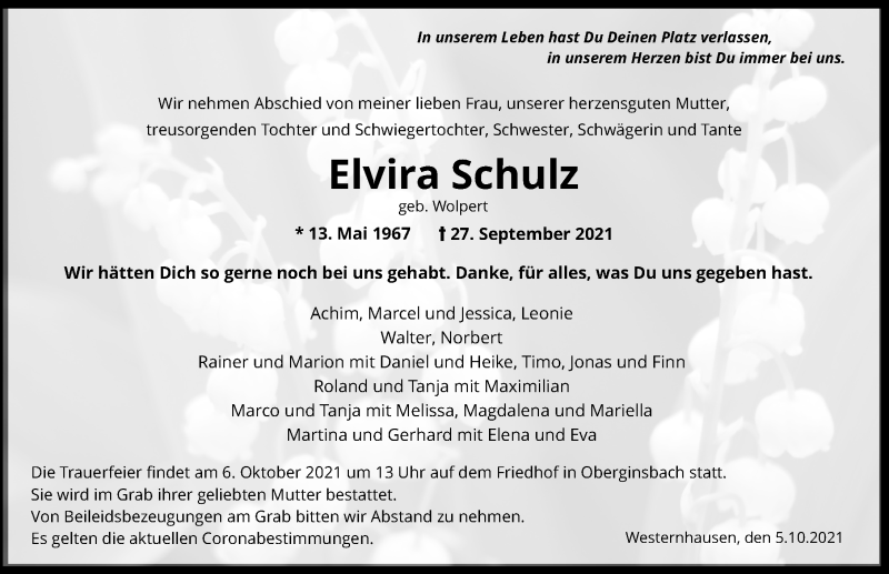  Traueranzeige für Elvira Schulz vom 05.10.2021 aus GESAMT
