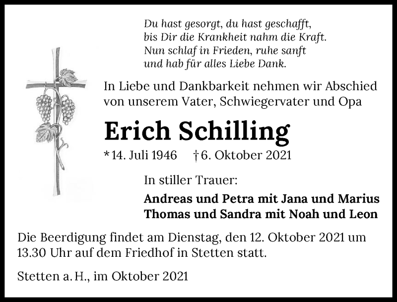  Traueranzeige für Erich Schilling vom 09.10.2021 aus GESAMT