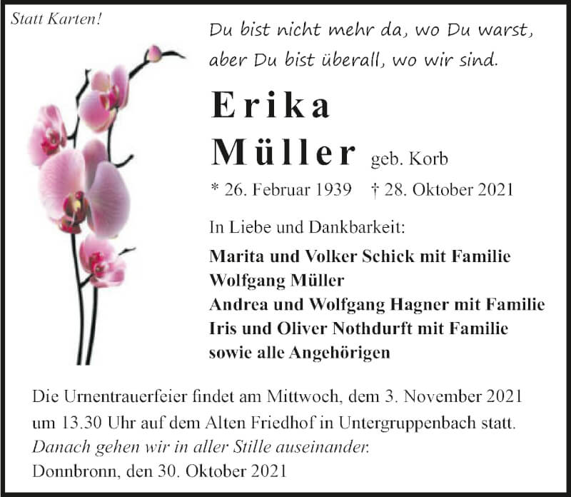  Traueranzeige für Erika Müller vom 30.10.2021 aus GESAMT