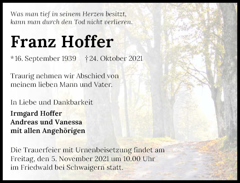  Traueranzeige für Franz Hoffer vom 30.10.2021 aus GESAMT