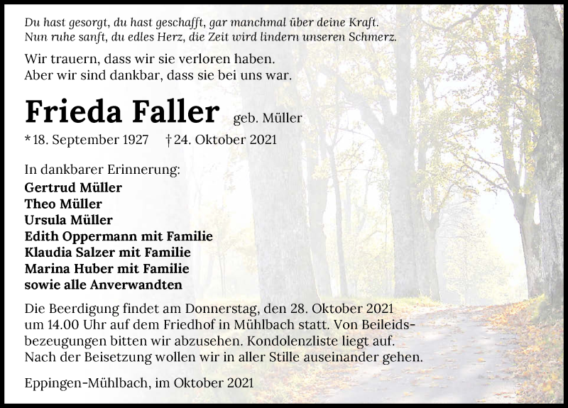  Traueranzeige für Frieda Faller vom 27.10.2021 aus GESAMT