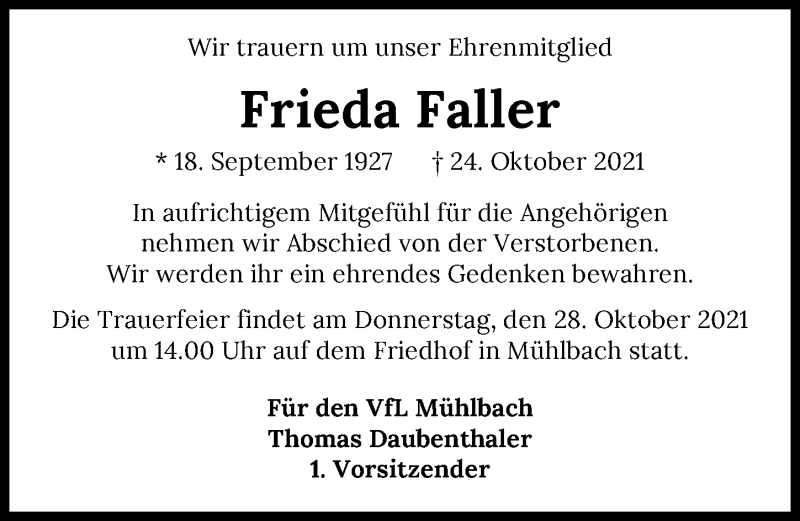  Traueranzeige für Frieda Faller vom 27.10.2021 aus GESAMT