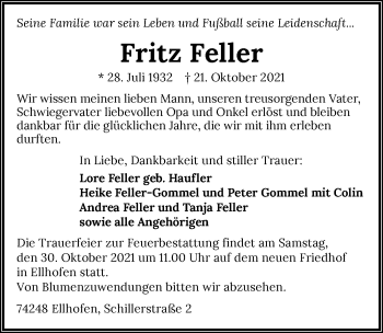 Traueranzeige von Fritz Feller von GESAMT