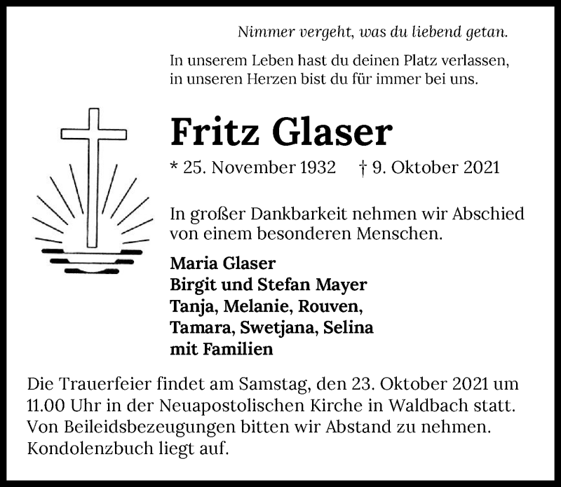  Traueranzeige für Fritz Glaser vom 20.10.2021 aus GESAMT