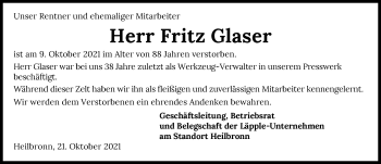 Traueranzeige von Fritz Glaser von GESAMT
