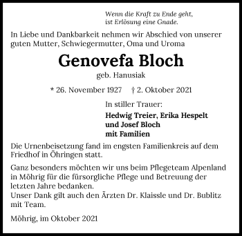 Traueranzeige von Genovefa Bloch von GESAMT