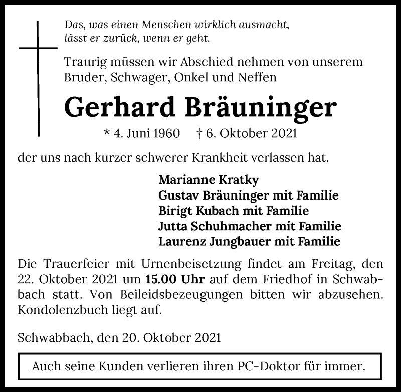  Traueranzeige für Gerhard Bräuninger vom 20.10.2021 aus GESAMT