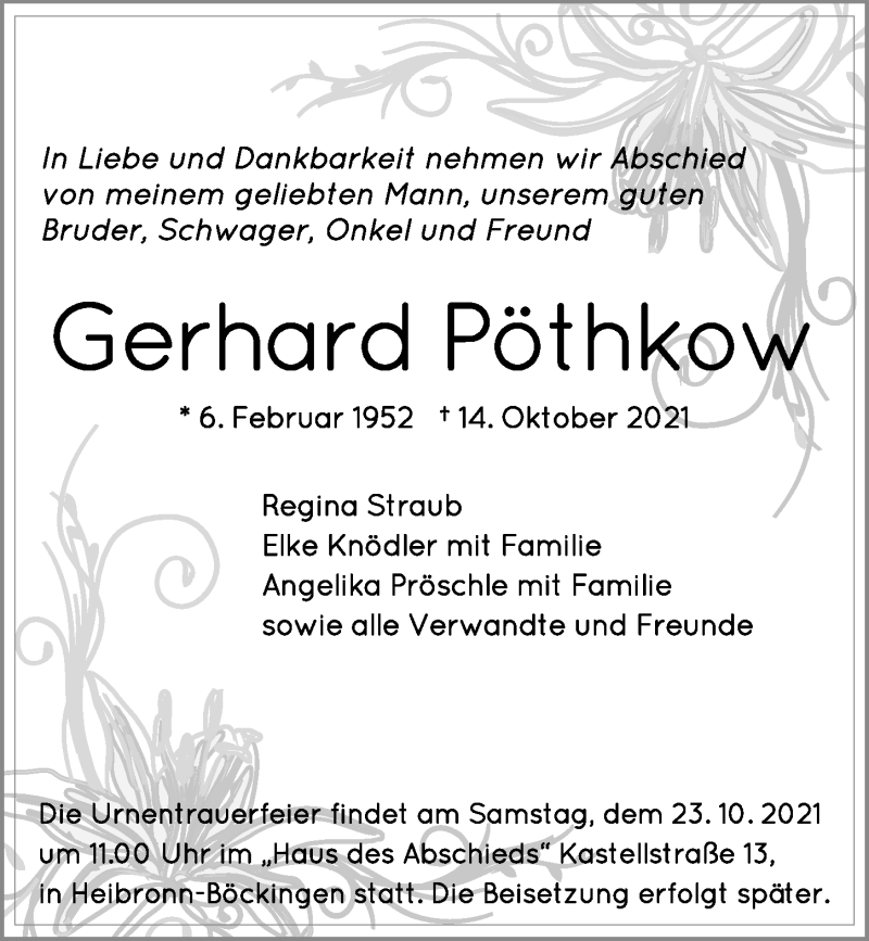  Traueranzeige für Gerhard Pöthkow vom 20.10.2021 aus GESAMT
