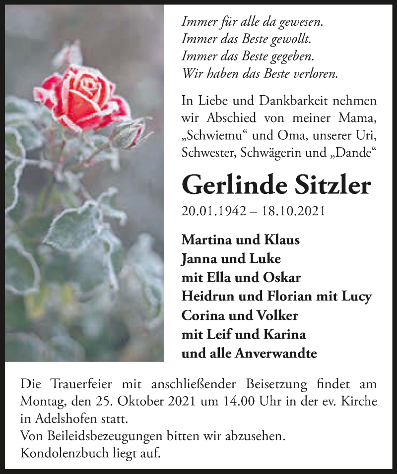  Traueranzeige für Gerlinde Sitzler vom 21.10.2021 aus GESAMT