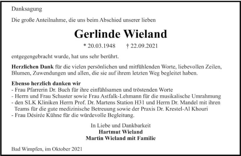  Traueranzeige für Gerlinde Wieland vom 16.10.2021 aus GESAMT