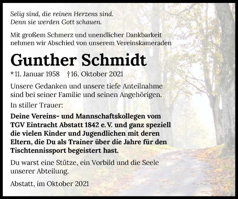  Traueranzeige für Gunther Schmidt vom 23.10.2021 aus GESAMT
