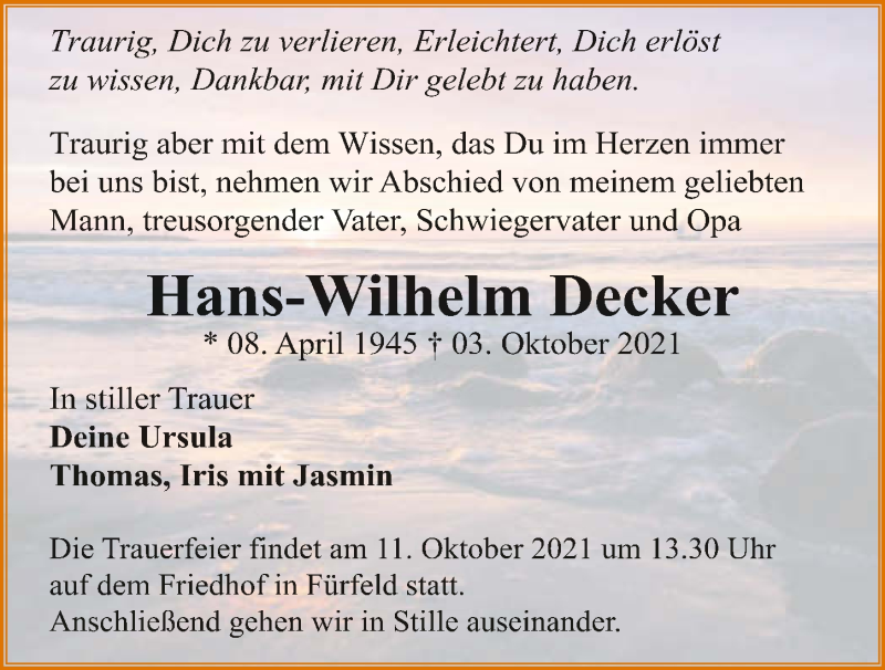  Traueranzeige für Hans-Wilhelm Decker vom 08.10.2021 aus GESAMT