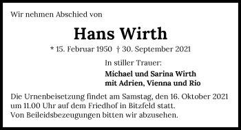 Traueranzeige von Hans Wirth von GESAMT