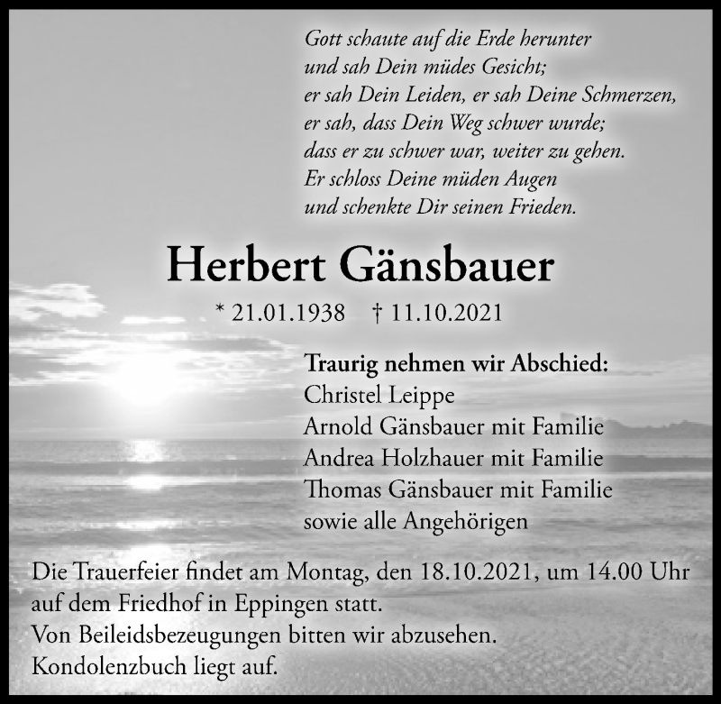  Traueranzeige für Herbert Gänsbauer vom 14.10.2021 aus GESAMT