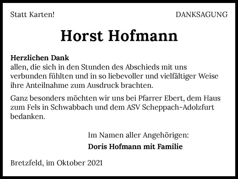  Traueranzeige für Horst Hofmann vom 12.10.2021 aus GESAMT