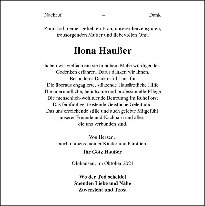  Traueranzeige für Ilona Haußer vom 06.10.2021 aus GESAMT