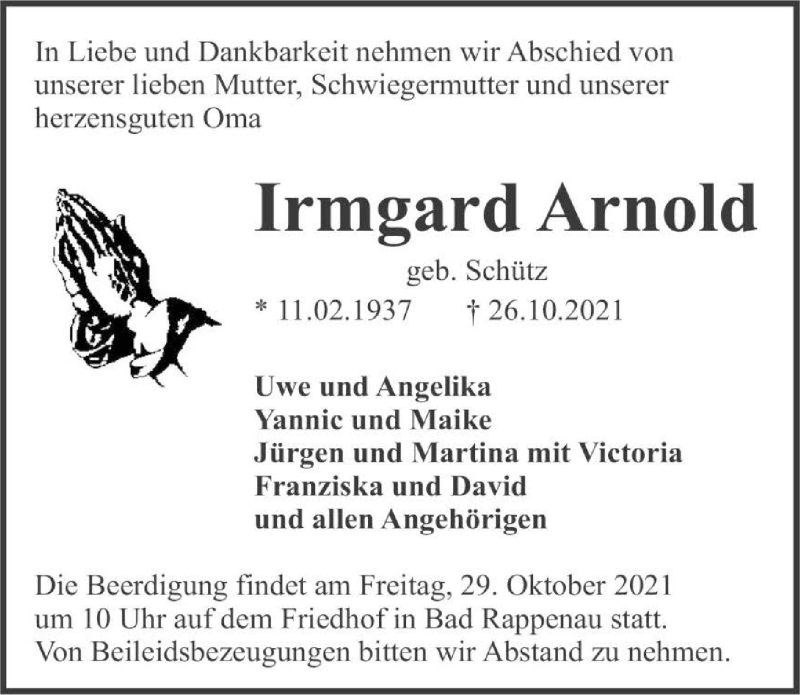  Traueranzeige für Irmgard Arnold vom 28.10.2021 aus GESAMT