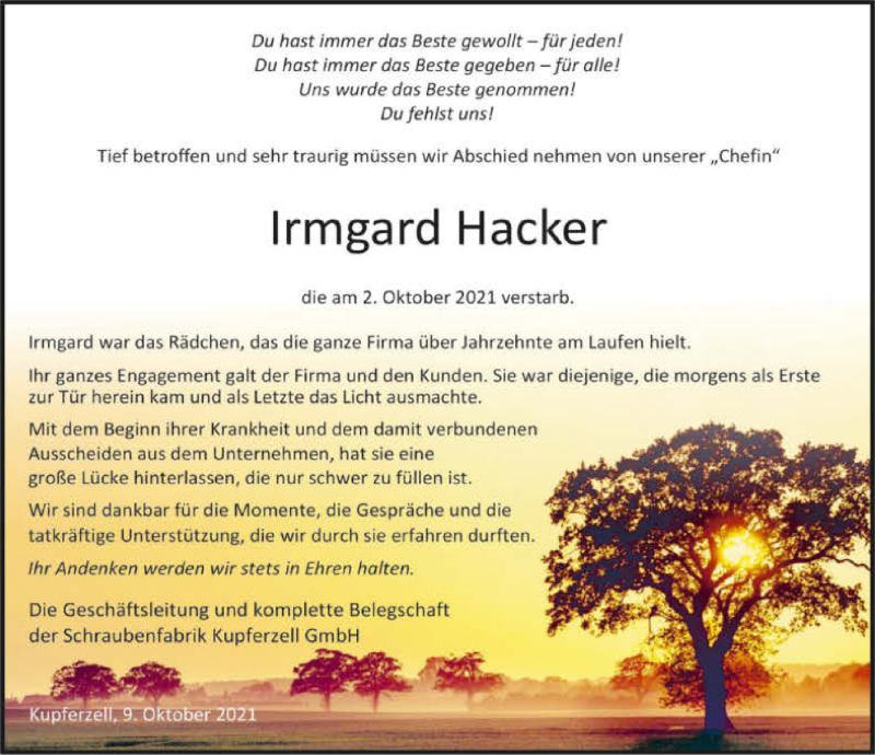  Traueranzeige für Irmgard Hacker vom 09.10.2021 aus GESAMT
