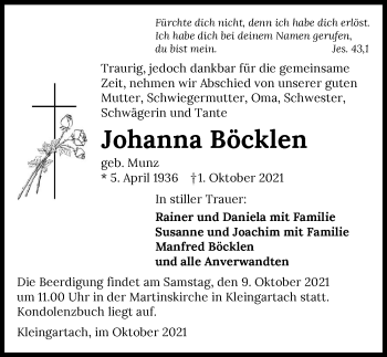 Traueranzeige von Johanna Böcklen von GESAMT