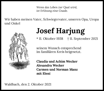 Traueranzeige von Josef Harjung von GESAMT
