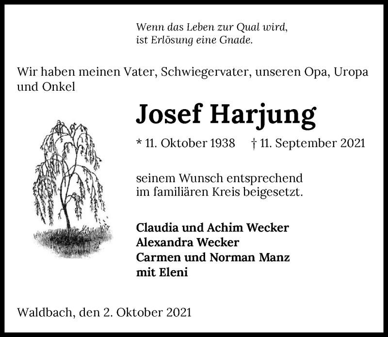  Traueranzeige für Josef Harjung vom 05.10.2021 aus GESAMT